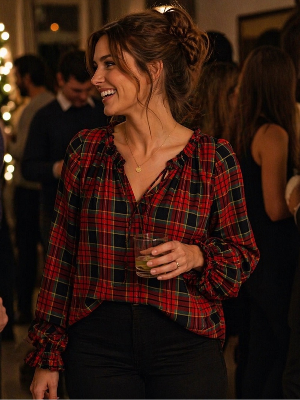 Talbots Christmas Colors Top with elastic collar and sleeve cuff size X